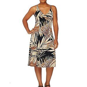 Sleeveless V-Neck Tropical Print Dress in Black and Brown
